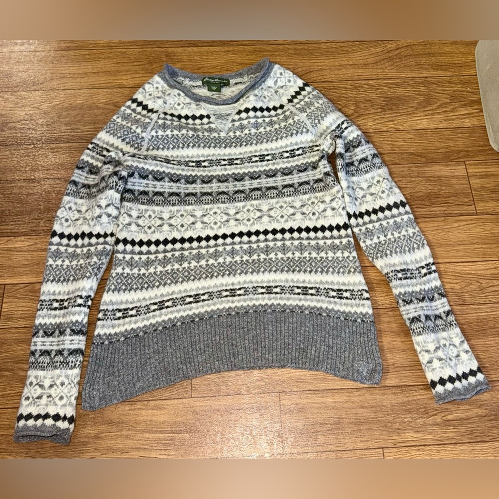 Eddie Bauer Fairisle 100% Lamb’s Wool Crew Nordic Sweater Blue White‎ Gray Sz M